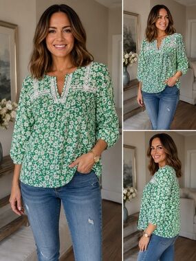 Alice Blue Green Floral Lace Yoke  tie neck Blouse cotton size M